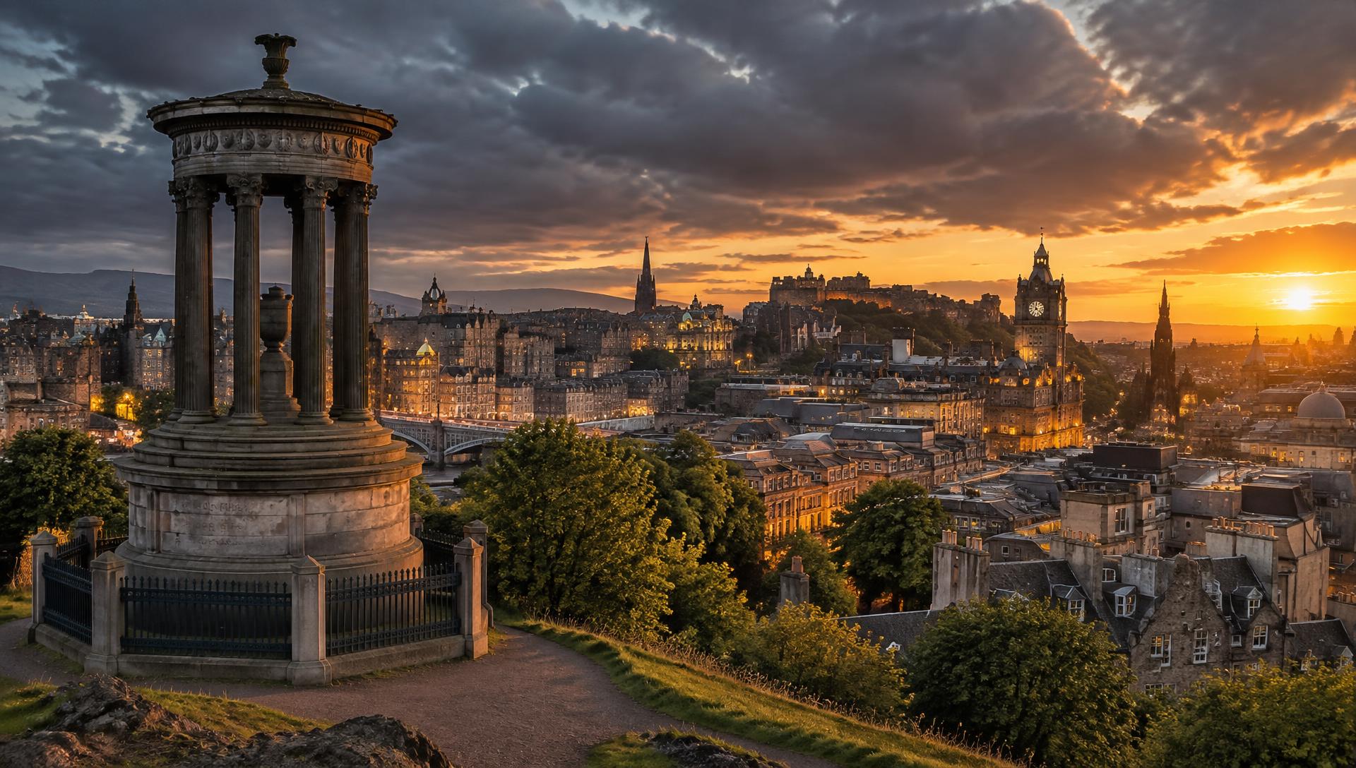Edinburgh skyline from Calton Hill at sunset